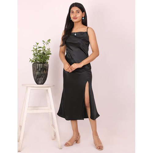 Black Calf Length Slit Satin Dress
