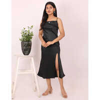 Black Calf Length Slit Satin Dress - Feature: High Quality