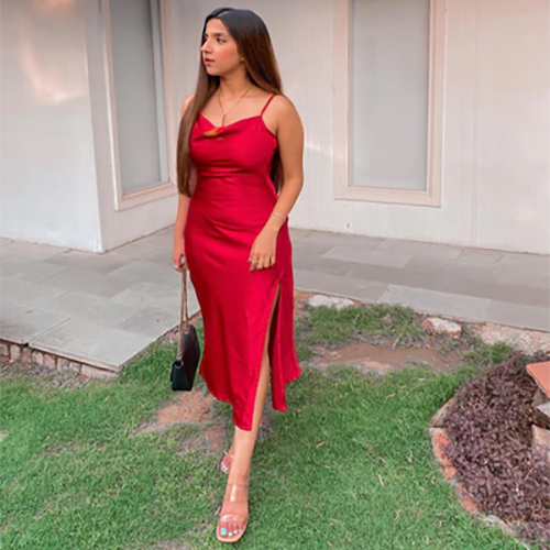 Red Slit Satin Dress