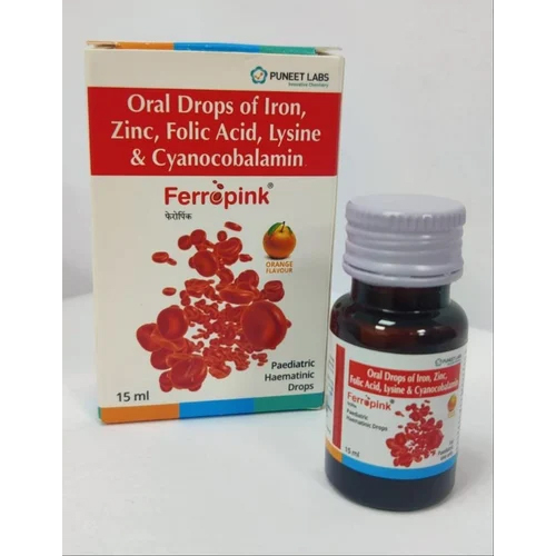 Ferropink Drops - Ferrous Bis Glycinate , ZInc Bis Glycinate , Folic Acid & Cynocobalamin , L-lysine