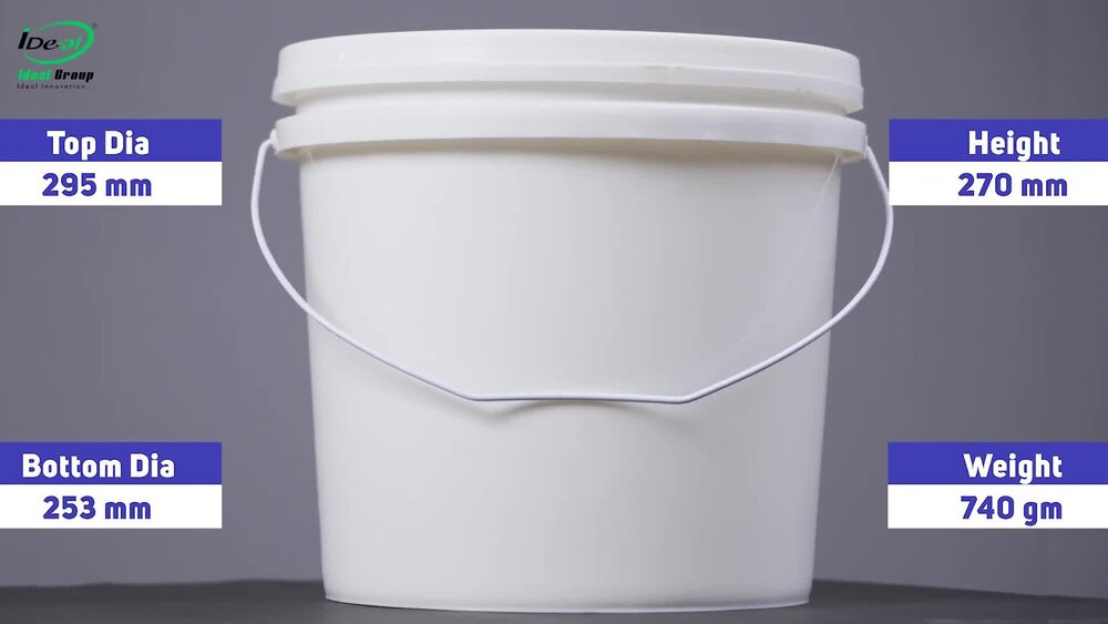 20 Kg Paint & Chemical Container - Plastic, 295 Mm Top Dia, 253 Mm Bottom Dia, 270 Mm Height, White, Round Bucket Style With Handle | Durable Lightweight, Matte Finish, Heat Resistant, 15.5 Ltr Water Volume