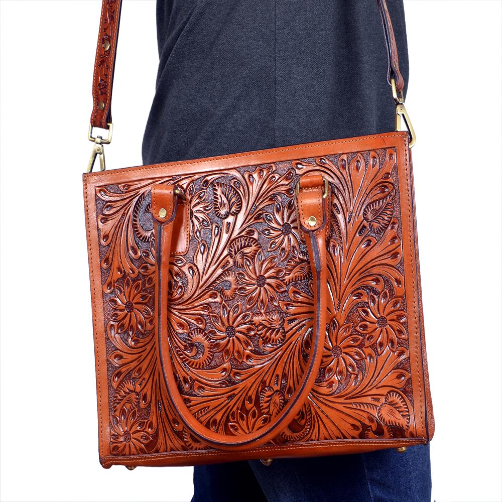 Rectangular Floral Tooled Tote Bag
