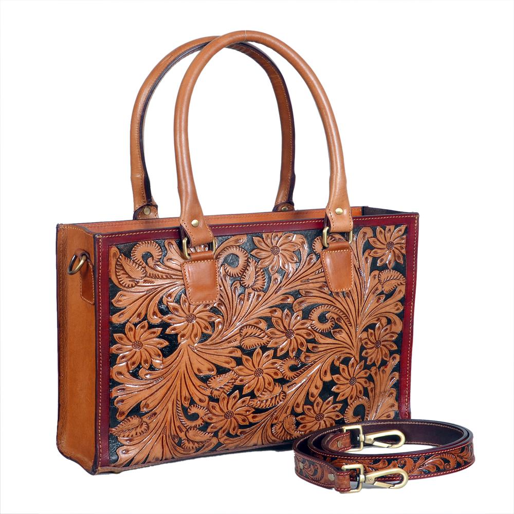 Rectangular Floral Tooled Tote Bag