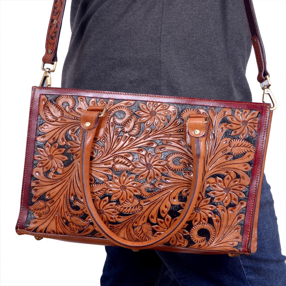 Rectangular Floral Tooled Tote Bag