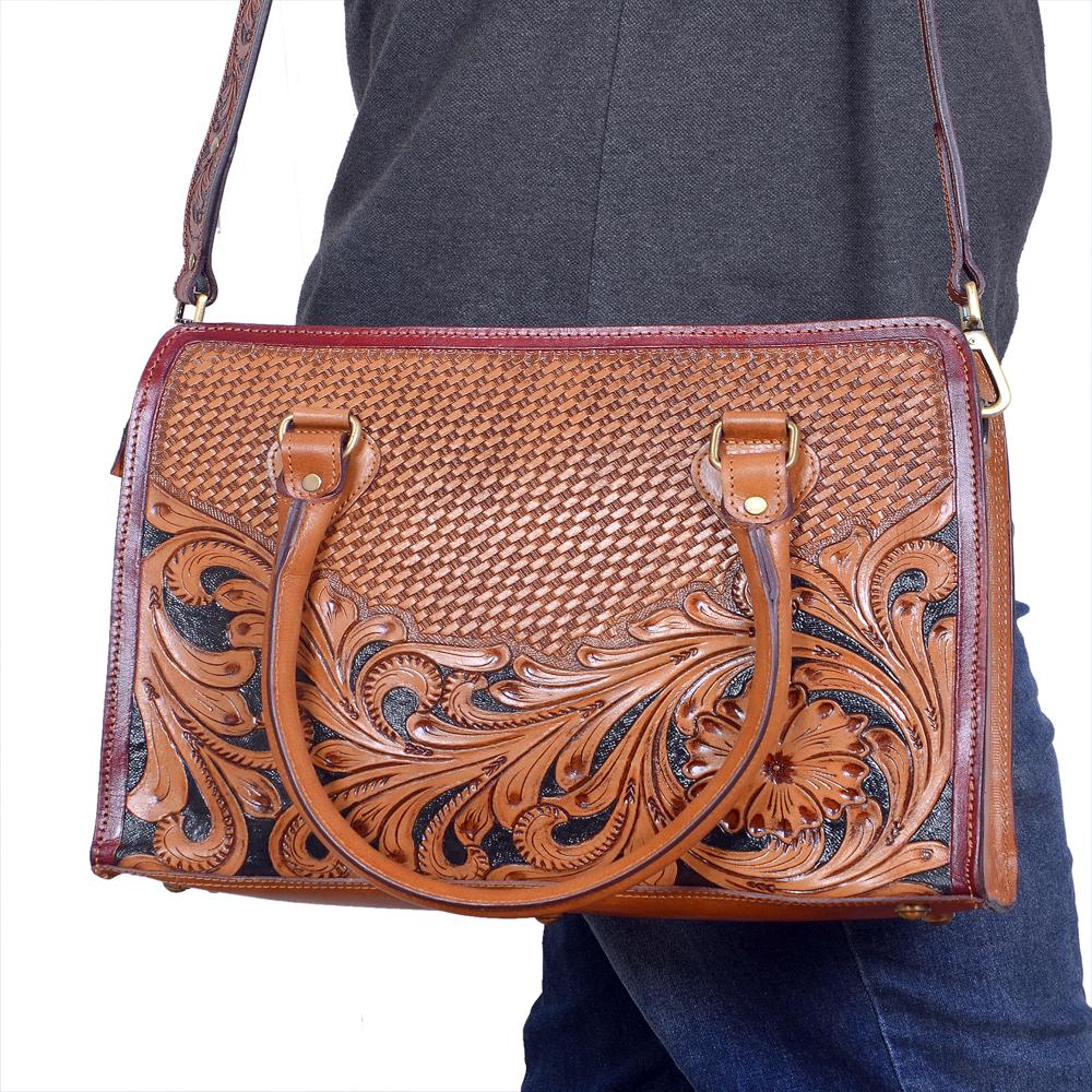 Rectangular Floral Tooled Tote Bag - Color: Tan / Beige / Brown