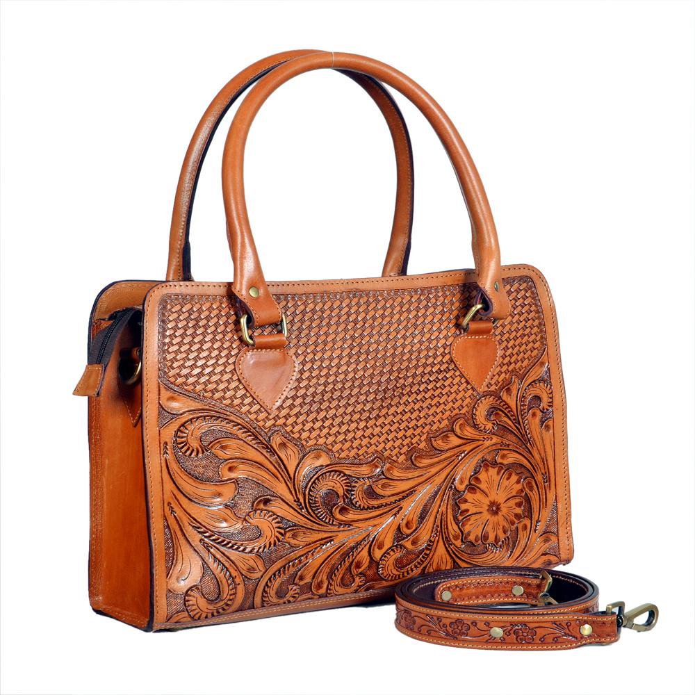 Rectangular Floral Tooled Tote Bag - Color: Tan / Beige / Brown