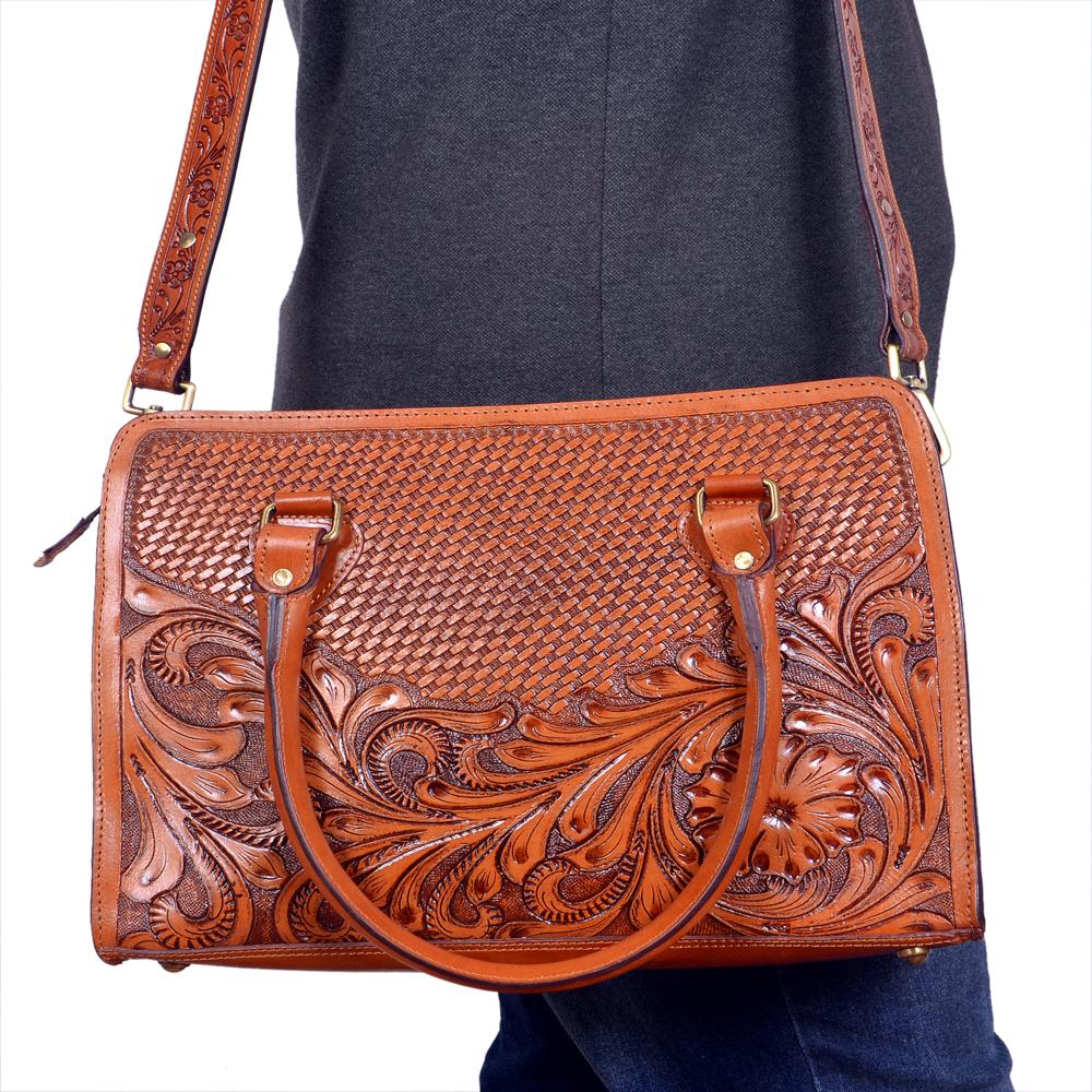 Rectangular Floral Tooled Tote Bag - Color: Tan / Beige / Brown