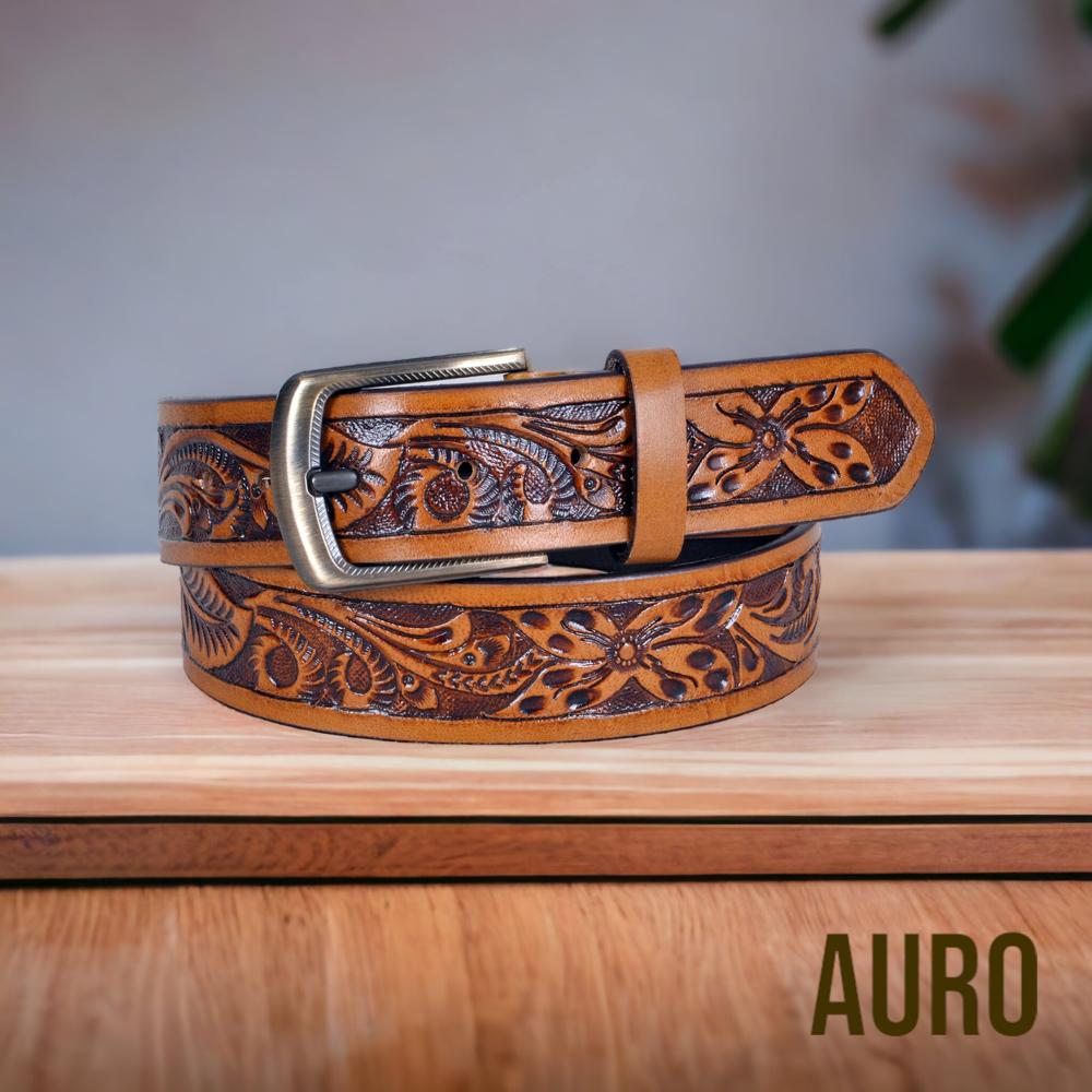 Floral Tooled Leather Belt - Buckle Material: Zinc