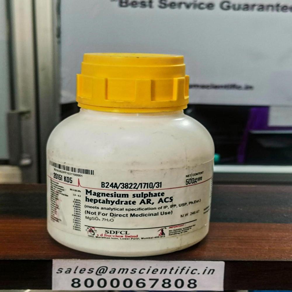 MAGNESIUM SULPHATE HEPTAHYDRATE AR, ACS COMPLIES IP, BP, USP, PH.EUR , Packaging Details: Bottle