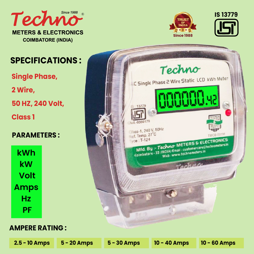 Single Phase Digital Energy Meter - Polycarbonate Body, Digital Display, Class 1 Accuracy, High Resolution, 1 Kg Weight | Bis Certified For Industrial Use
