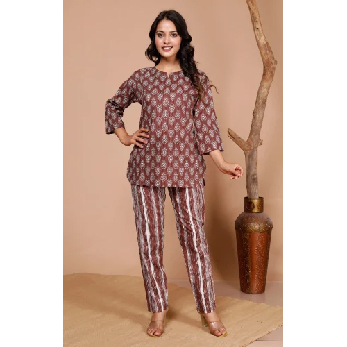 Ladies Top Pyjama Cotton Co-Ord Set - Design: Trendy