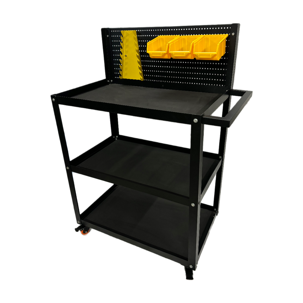 TOOL TROLLEY - Mild Steel, Three Shelves, Black | Versatile Mobile Storage with Four Wheels for Workshop & Garage Tool Organization