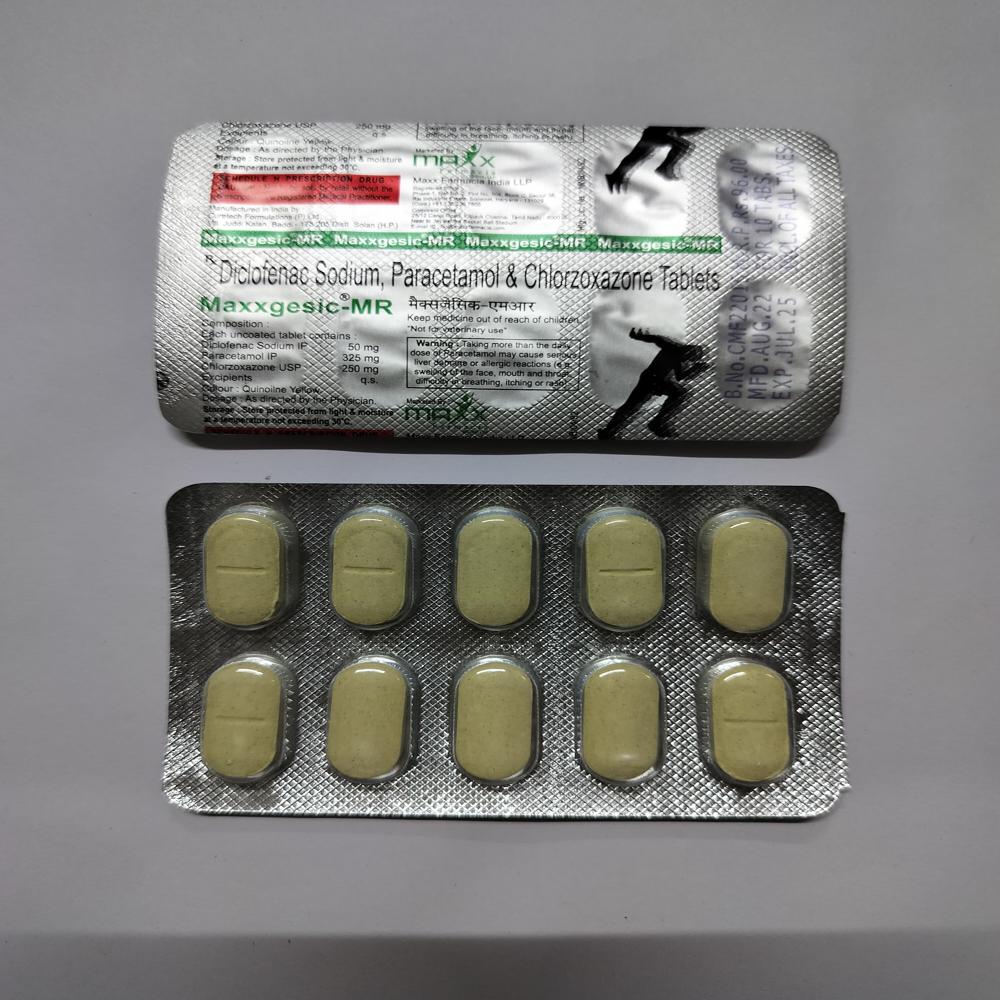 Maxxgesic Mr - 250mg/50mg/325mg Tablet | Pain Relief For Muscle Spasms, Regular Intake With Food Recommended