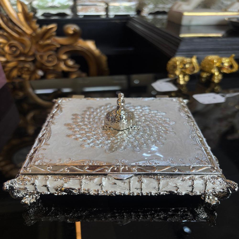 Silver Plated Peacock Dry Fruit Box (small) - Finishing: Glossy Lamination
