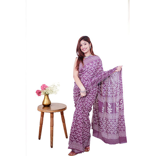 Handblock Printed Cotton Mulmul Saree