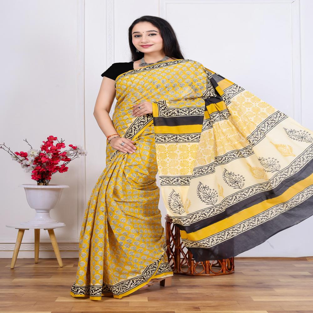 Modern Look Pure Handblock Printed Cotton Mulmul Saree