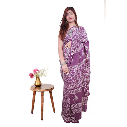Voilet Handblock Printed Cotton Mulmul Saree