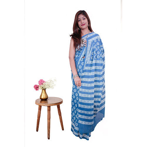 Handblock Printed Cotton Mulmul Saree