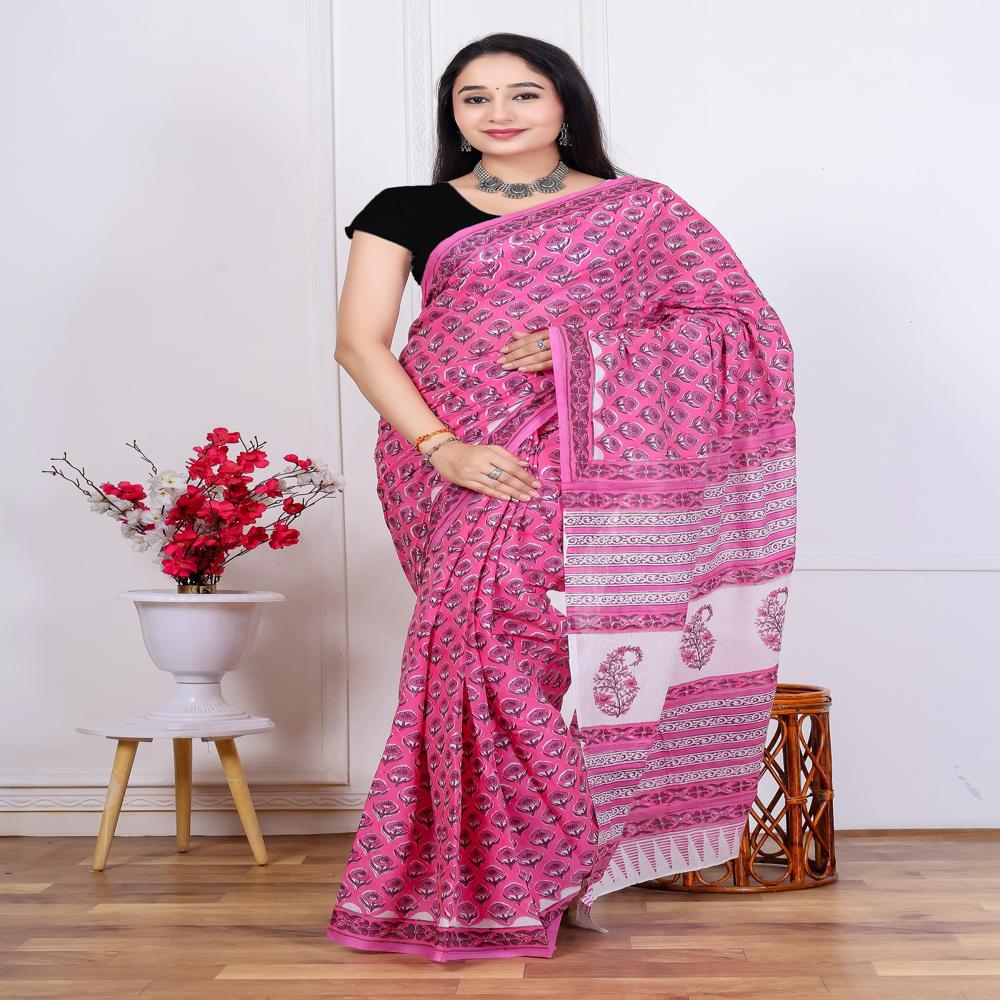 Block Printed Cotton MulMul Saree
