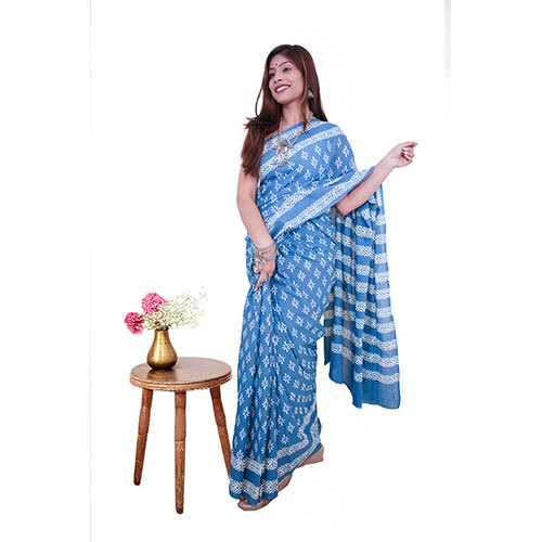 Handloom Handblock Printed Cotton Mulmul Saree