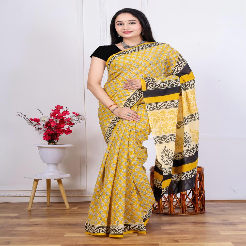 Handblock Printed Cotton Mulmul Saree