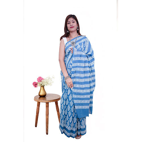 Blue Handblock Printed Cotton Mulmul Saree