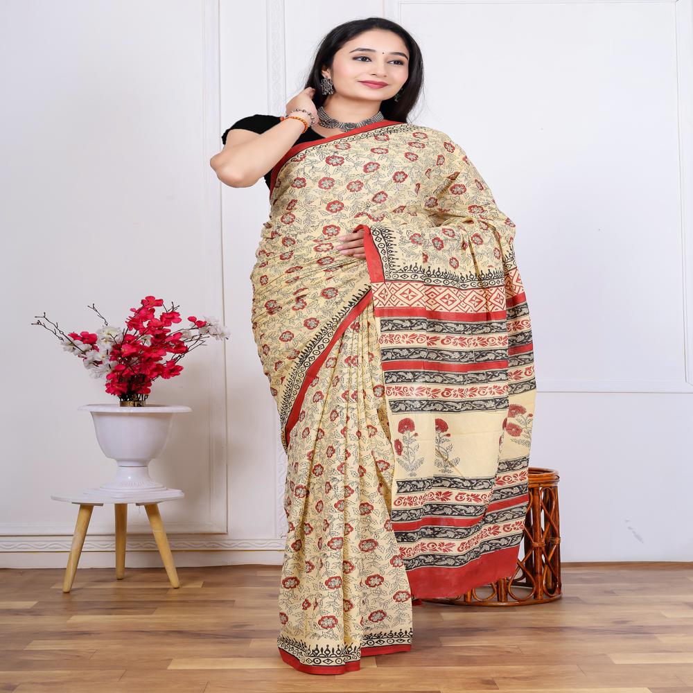 Block Printed Cotton MulMul Saree