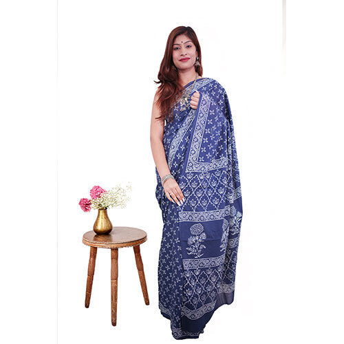 Nevy Blue Handblock Printed Cotton Mulmul Saree