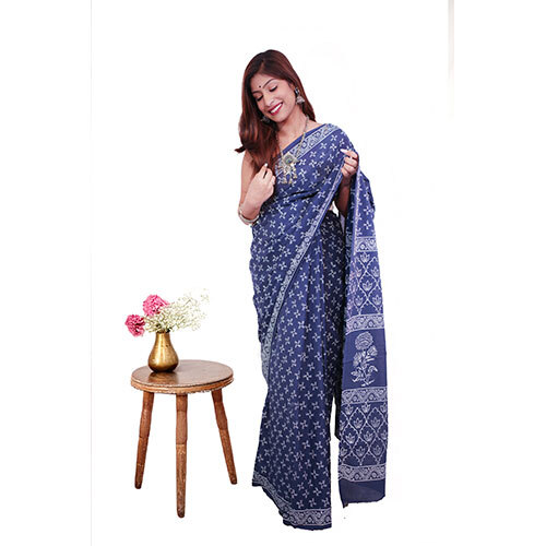 Party Occasion Handblock Printed Cotton Mulmul Saree