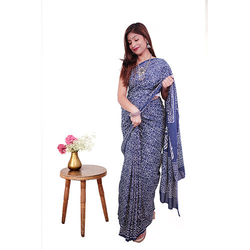 Pure Modern Handblock Printed Cotton Mulmul Saree