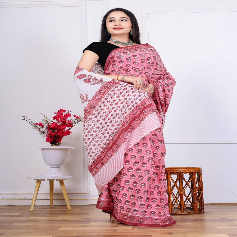 Pure Modern Handblock Printed Cotton Mulmul Saree