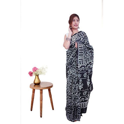 Black Handblock Printed Cotton Mulmul Saree