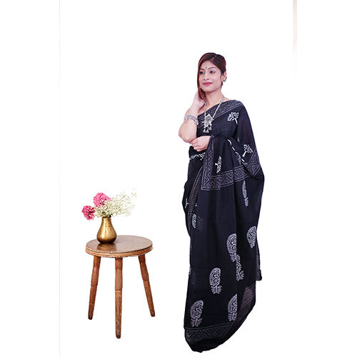 Pure Handblock Printed Cotton Mulmul Saree - Color: Black