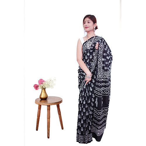 Black and White Handblock Printed Cotton Mulmul Saree
