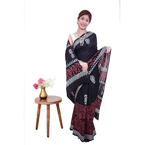 Black and Red Handblock Printed Cotton Mulmul Saree
