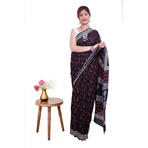 Red and Black Handblock Printed Cotton Mulmul Saree