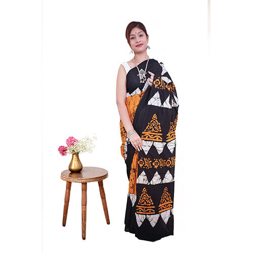 Black and Orange Batik Cotton Mulmul Saree