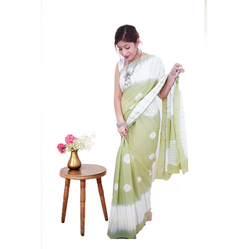 Green Tye And Dye Shibori Cotton Mulmul Saree