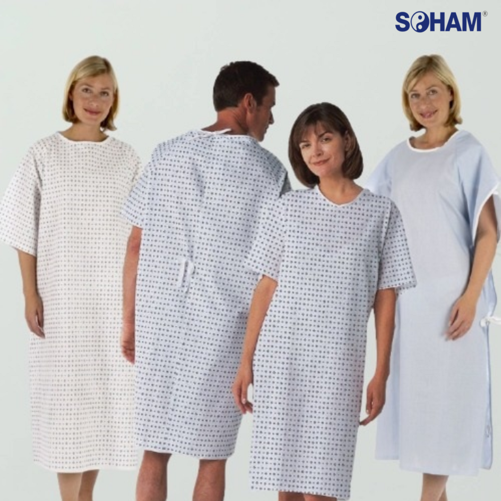 PR-1042-Stitched Round Neck Side Knot Patient Hospital Gown,