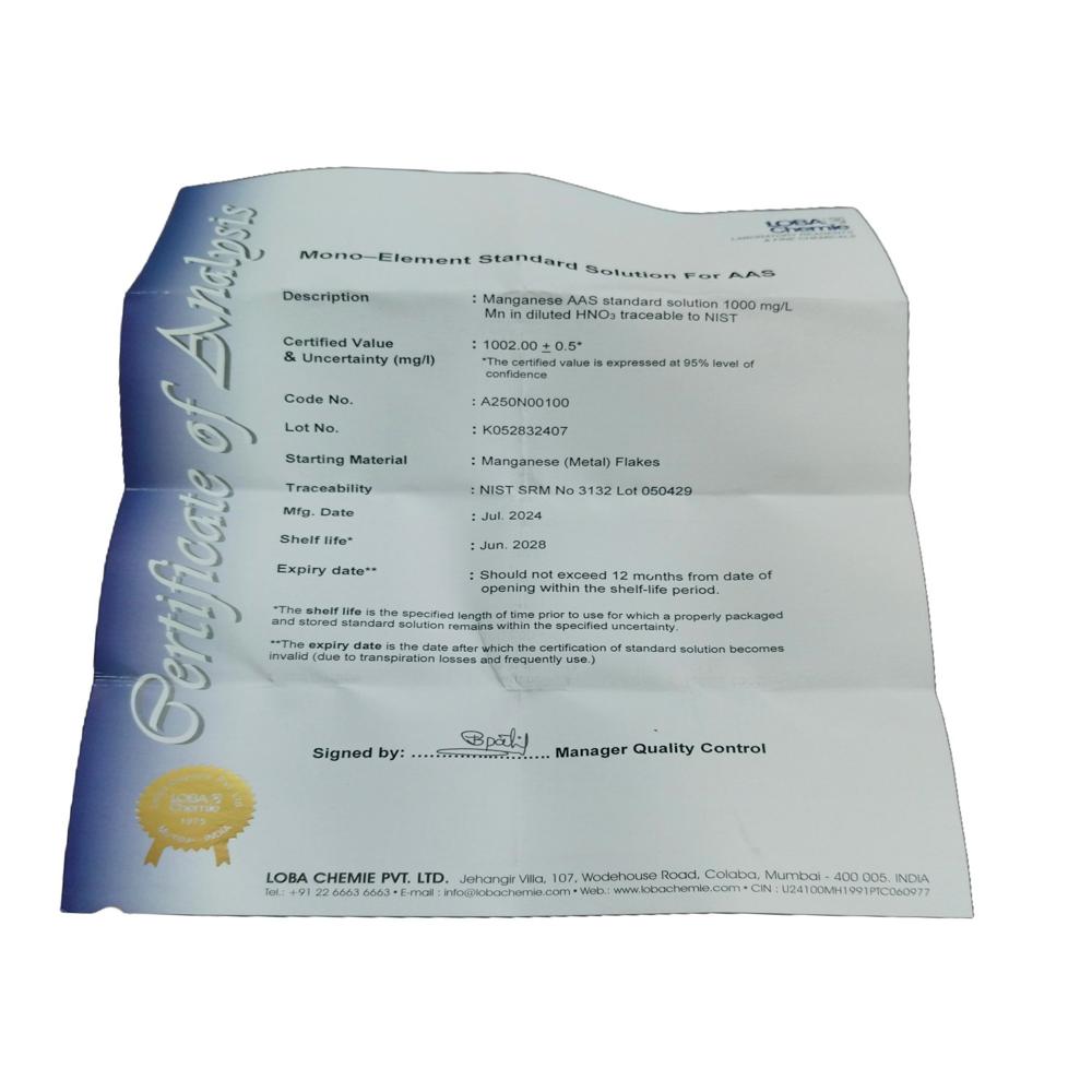 Manganese Aas Standard Solution 1000 M - Packaging Type: Plastic Bottle