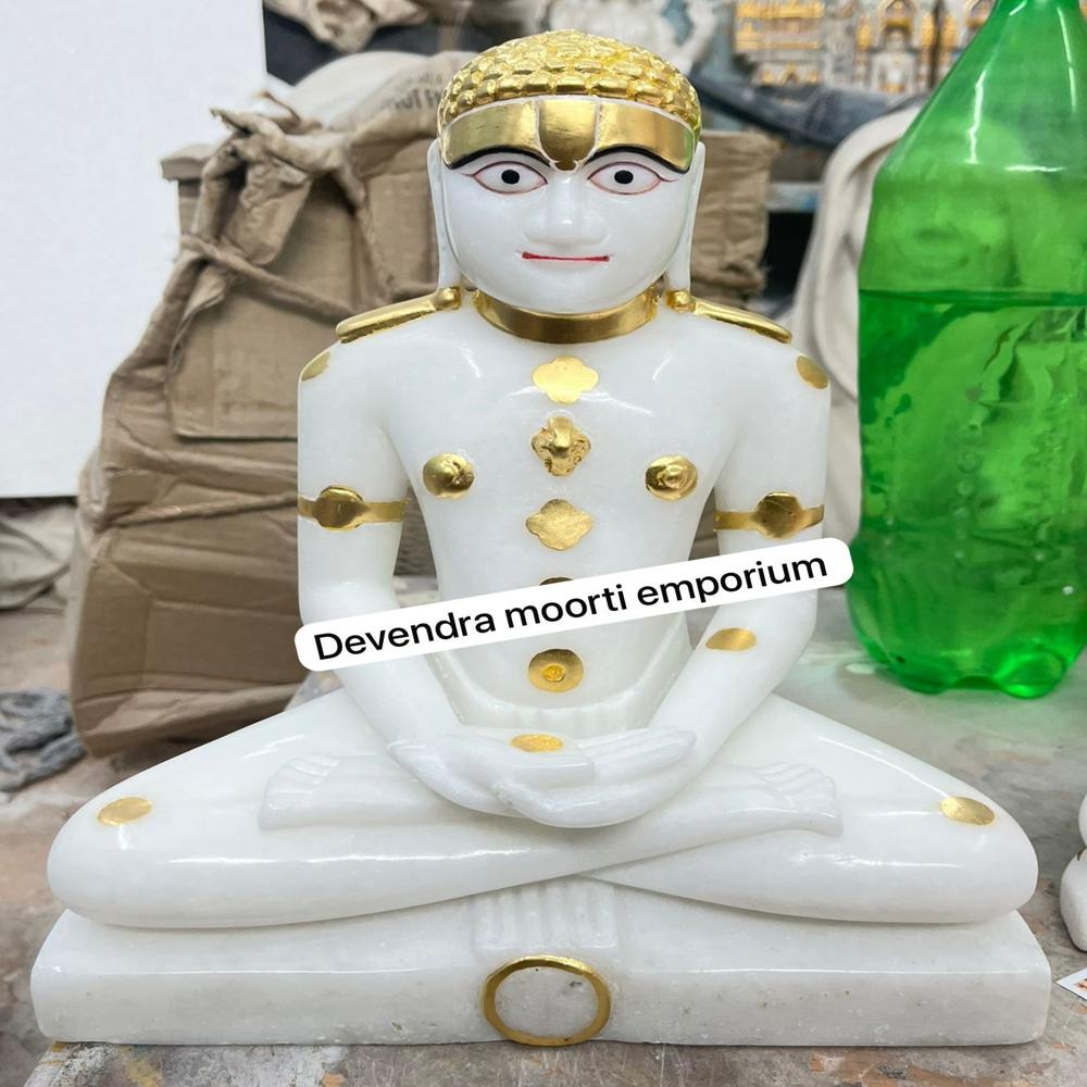 Handmade Marble Adinath Bhagwan Jain Statue - Color: White