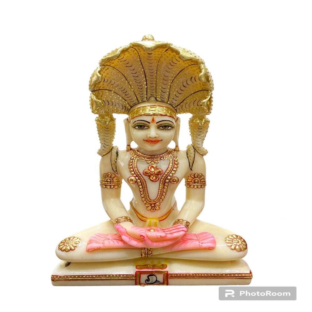 Marble Parshwanath Jain Statue Snake On Shoulder - Color: White