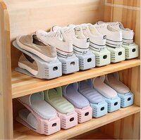 Shoe Rack - High-quality Durable Plastic , Adjustable Height For Various Shoe Types, Space-saving Double Deck Design With Anti-slip Flaps