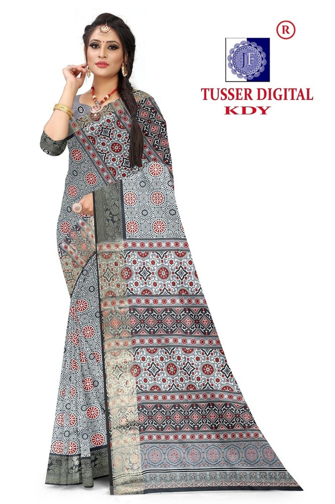 Tusser Silk With Digital Print Jecard Border - Color: 6 Color