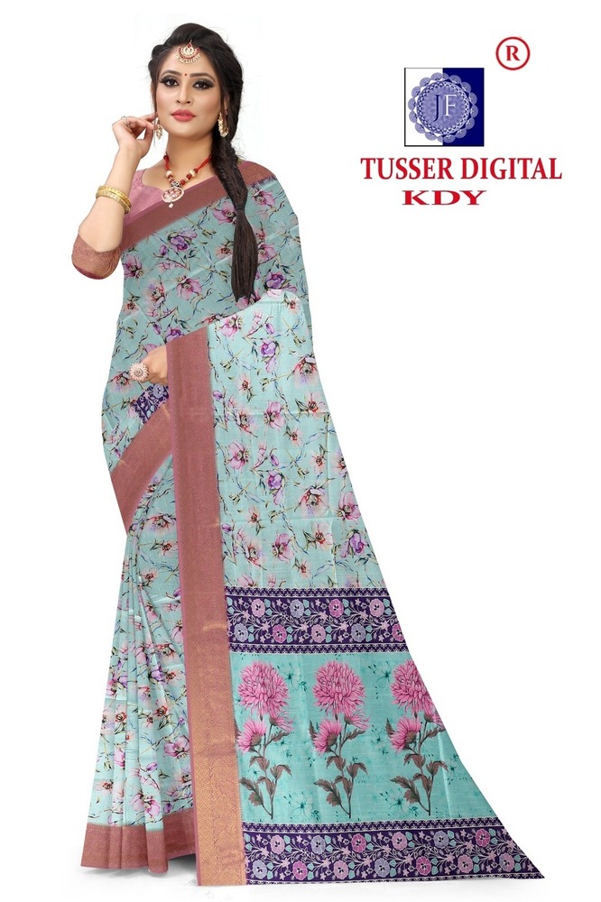 Tusser Silk With Digital Print Jecard Border - Color: 6 Color