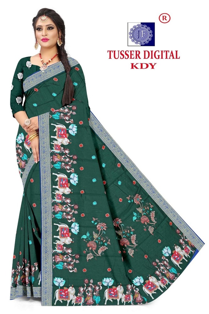 Tusser Silk With Digital Print Jecard Border - Color: 6 Color