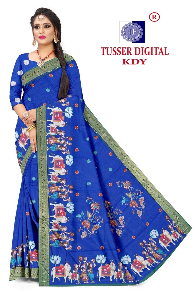 Tusser Silk With Digital Print Jecard Border - Color: 6 Color