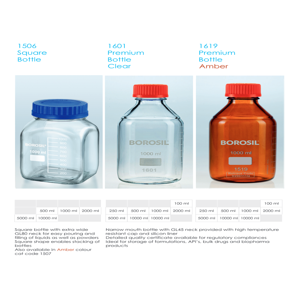 Glass Reagent Bottles Narrow Mouth With Screw Cap, Amber , 1000 Ml - Grade: Laboratory Grade