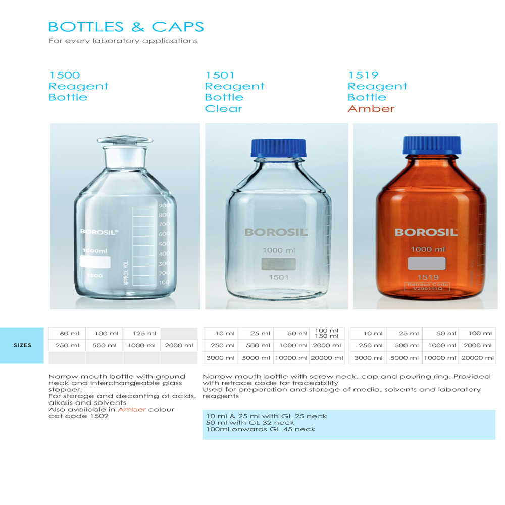 Glass Reagent Bottles Narrow Mouth With Screw Cap, Amber , 1000 Ml - Grade: Laboratory Grade
