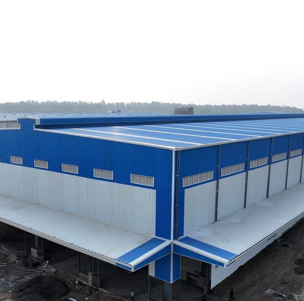 Factory Shed - Steel Structure, Yellow And White Color , Nut, Bolts, And Welding Connection, Metal Sheet Roof, Durable And Customizable